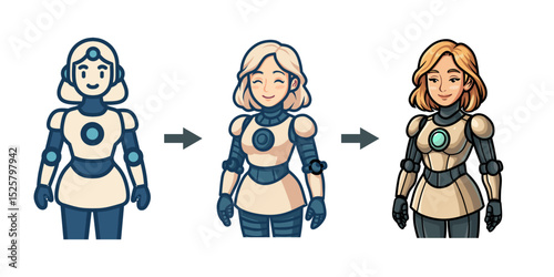 Vector three cartoon images of a female robot character in three different stages of development, with arrows indicating the progression