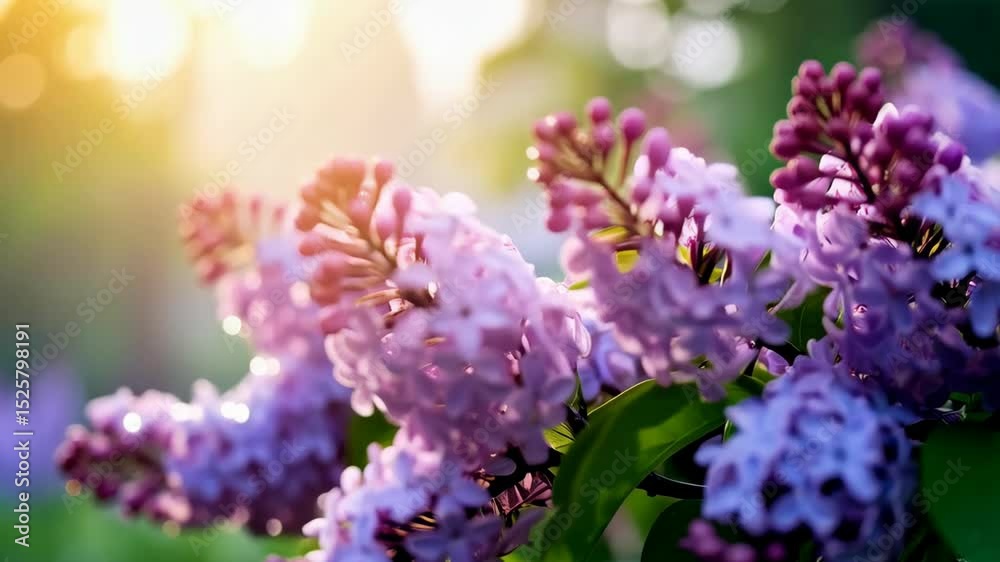 Close up of blooming lilac flowers with sunlight filtering through, soft focus for a gentle spring botanical