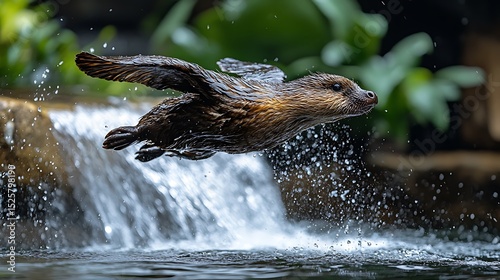 Otter leaping over waterfall