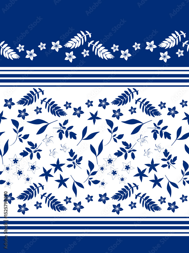 Fototapeta premium Blue and White Striped Floral Border Seamless Repeat