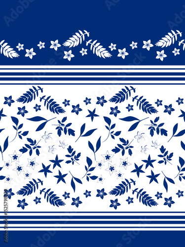 Blue and White Striped Floral Border Seamless Repeat