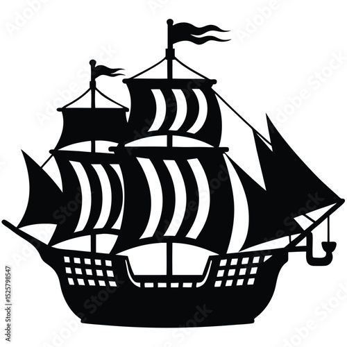 Classic black silhouette of a sailing ship perfect for nautical and adventure themed designs