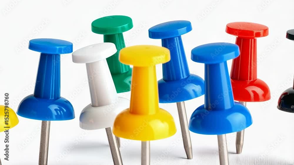 Close-up arrangement of vibrant push pins on a white surface, creating a colorful office supply collection with sharp metal points.