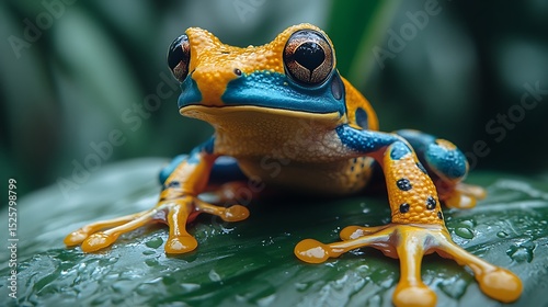 Colorful frog on leaf closeup