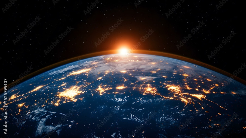Obraz premium A breathtaking view of Earth from space, illuminated by the warm glow of a rising sun and the bright lights of cities across the planet, set against the backdrop of a star-studded black sky.