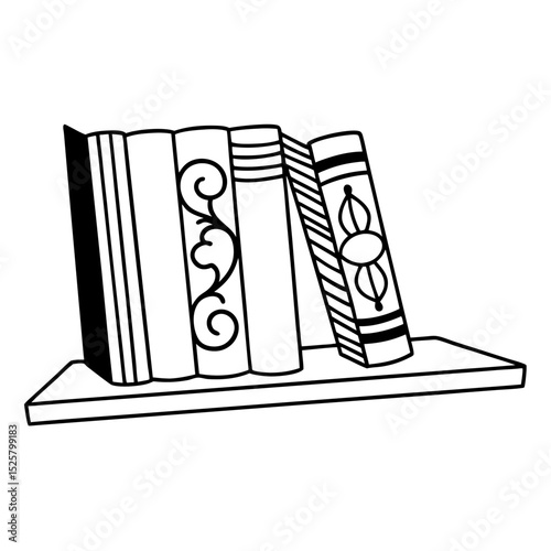 Books on Shelf Line Art Vector Illustration Monochrome Design
