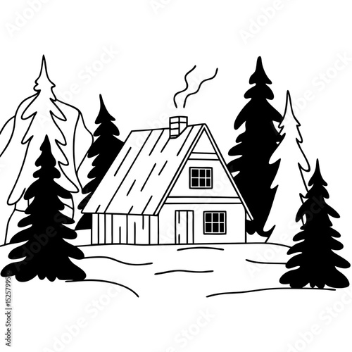 Cabin in the Woods Vector Illustration Minimalist Line Art