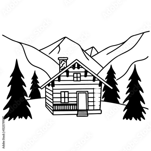 Cabin in the Mountains Vector Illustration Line Art