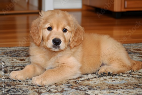 A fluffy Golden Retriever puppy lying on a rug, with its paws tucked beneath its body and eyes wide open as it gazes directly at the camera, with the living room softly blurred behind it.