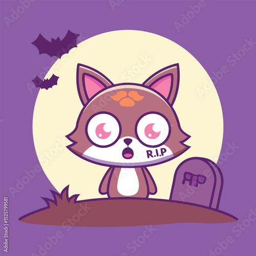 Cute cartoon cat with large eyes mourning at tombstone with halloween background elements