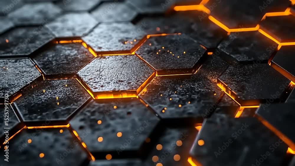 Abstract Metallic Hexagon Pattern with Glowing Orange Edges and Particles, Dark and futuristic