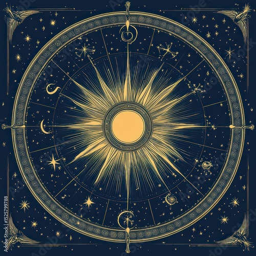 Intricate celestial zodiac wheel with radiating sun at center surrounded by constellations, stars, moons, and astrological symbols on dark background