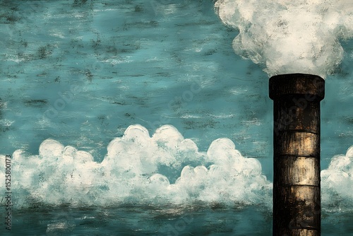 A close up of a factory chimney releasing toxic fumes into the sky with a polluted landscape below with copy space