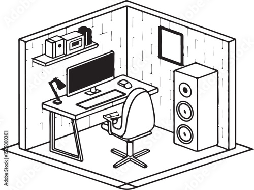 Vector illustration of a modern office room with a computer, desk, and chair