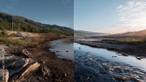 Side-by-side comparison showcasing a landscape before environmental restoration, depicting the improved water flow and vegetation after conservation efforts.