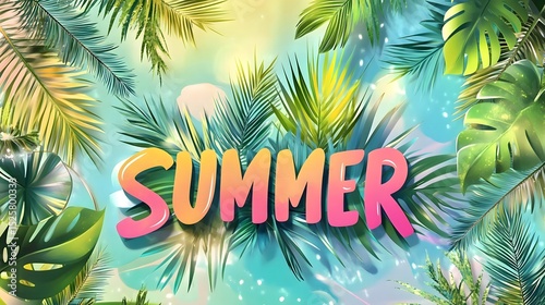 Vibrant summer design with tropical leaves and colorful text for seasonal promotions