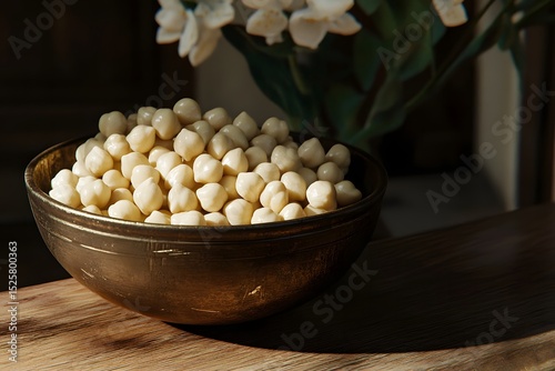 A bowl of chickpeas their smooth surface enhanced by the soft glow of evening light