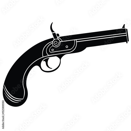 Silhouette illustration of a black antique pistol with detailed firearm elements and design