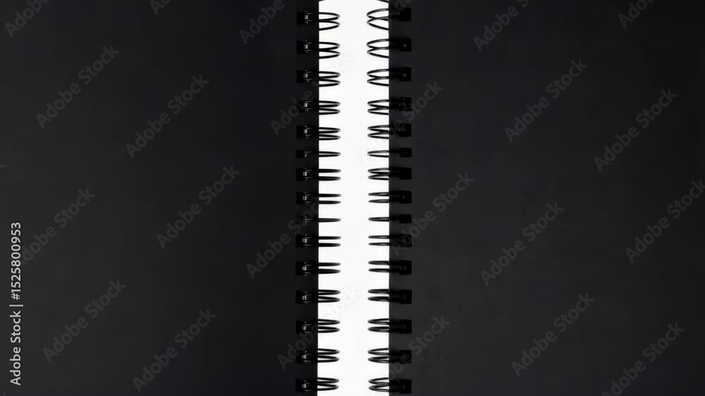 Close up of black spiral bound notebook with blank white pages visible between the two halves, minimalistic