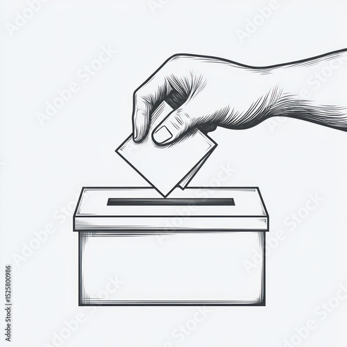 Hand inserting a voting ballot into a rectangular ballot box drawn in black and white sketch style representing voting or election process