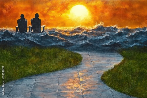Two silhouetted figures seated on chairs facing a turbulent ocean under a large bright sun during a vivid orange sunset with a curved stone pathway surrounded by green grass in the foreground