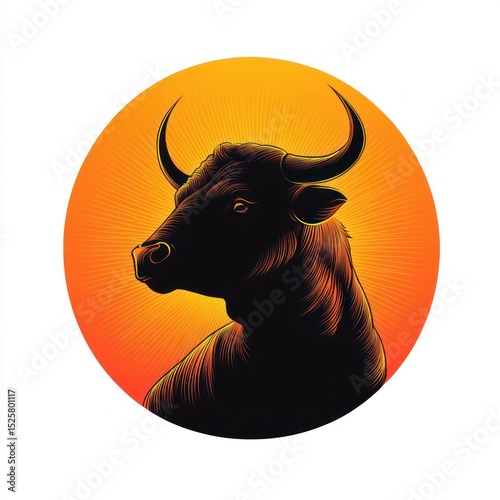 Detailed illustration of a black bull with prominent curved horns against a vibrant orange circular background radiating light