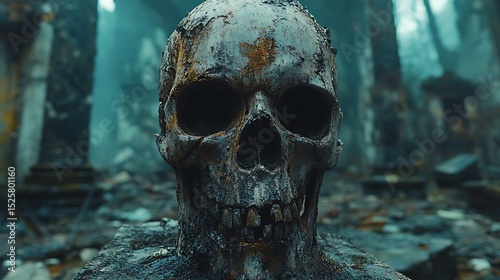 Decaying skull in ruined environment