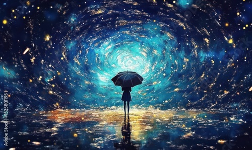 Silhouette of a person holding an umbrella standing on reflective water beneath a swirling cosmic sky filled with stars, evoking wonder and solitude