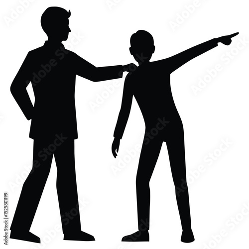 Silhouette illustration of two businessmen discussing and pointing toward a specific direction