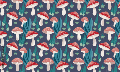 Vibrant red mushroom seamless pattern with lush green foliage
