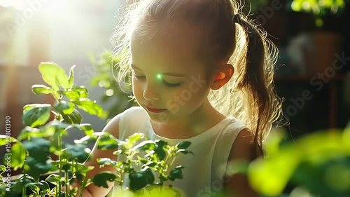 Young girl tending to plants in a sunlit indoor garden, creating a serene and nurturing atmosphere