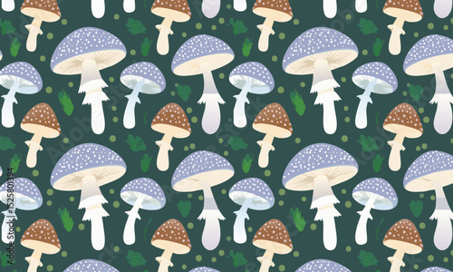 	Detailed botanical blue and brown mushroom seamless pattern
