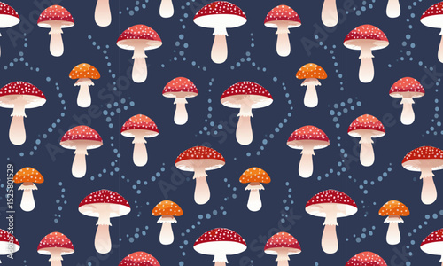 Cute cottagecore pattern of hand-drawn forest mushrooms