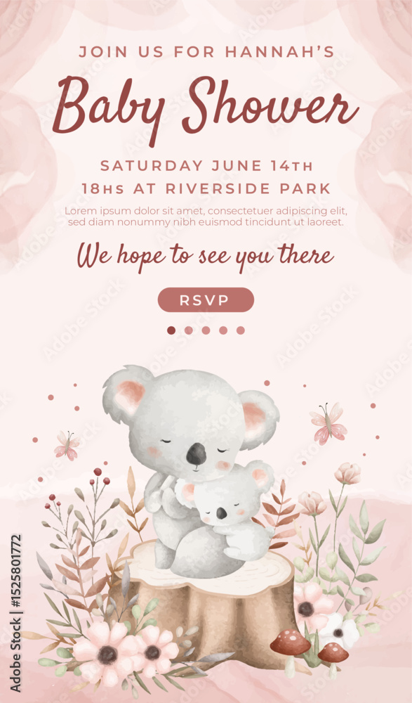 Obraz premium Watercolor baby shower cute animal koala baby girl boy poster template card invitation