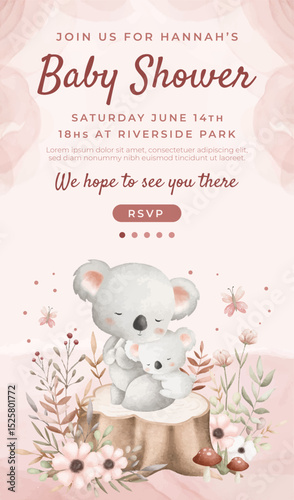 Watercolor baby shower cute animal koala baby girl boy poster template card invitation