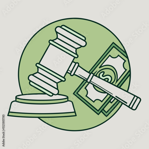 Auction hammer and dollar bill representing finance and legal transactions
