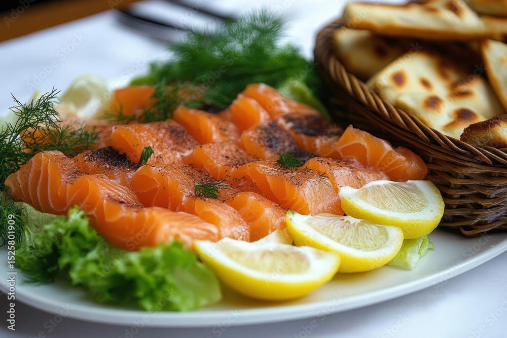 Fresh sliced salmon fillets garnished with dill and lemon wedges served on a white plate with leafy greens, accompanied by toasted flatbread in a wicker basket Fresh sliced salmon fillets garnished with dill and lemon wedges served on a white plate with leafy greens, accompanied by toasted flatbread in a wicker basket