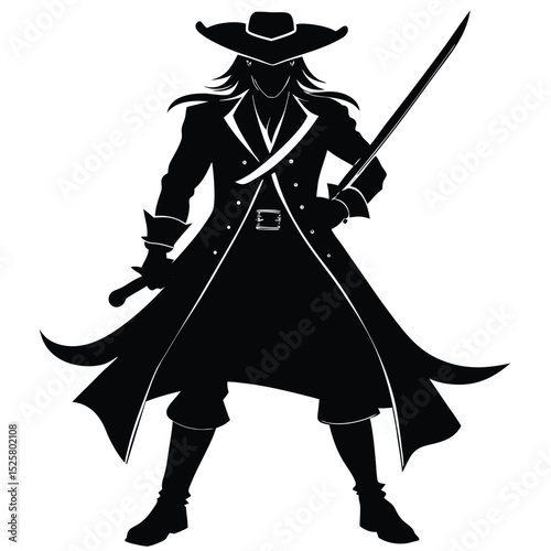 Silhouette of a swashbuckling pirate with a cutlass and classic pirate attire ready for action