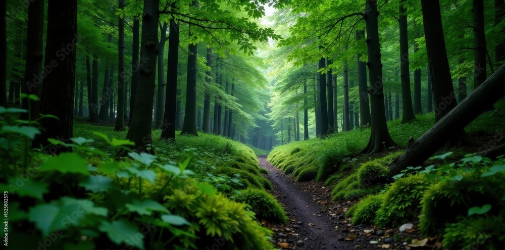 Fototapeta premium Gloomy green forest, narrow path, old logs, Algonquin Park , picture, sunlight