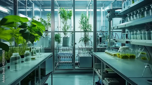 Laboratory filled with glass containers and plants, showcasing scientific experimentation and research