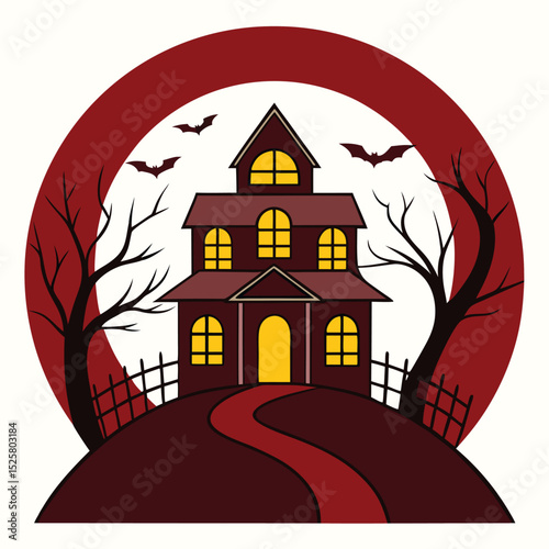 Spooky halloween haunted house on a hill with bats and bare trees vector illustration.