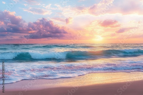 Calm ocean waves gently rolling onto a sandy beach at sunrise with soft pink and purple clouds illuminating the sky peaceful and serene atmosphere