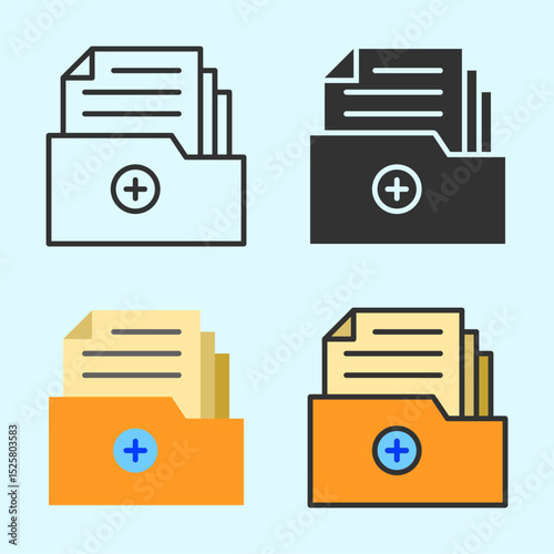Organized flat icon of medical folder with documents and cross symbol, ideal for health record systems or patient archive visuals.