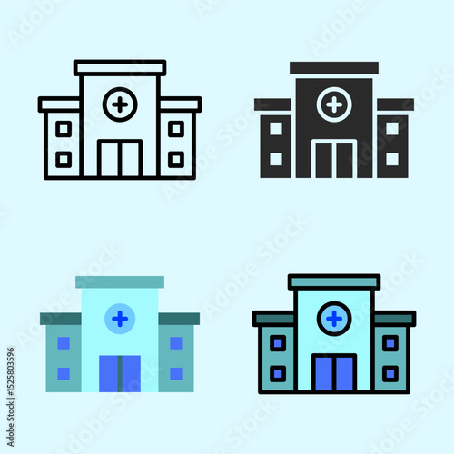 Clean flat icon of hospital buildings with cross symbol, showing medical centers in modern layout, perfect for healthcare infographic or signage.