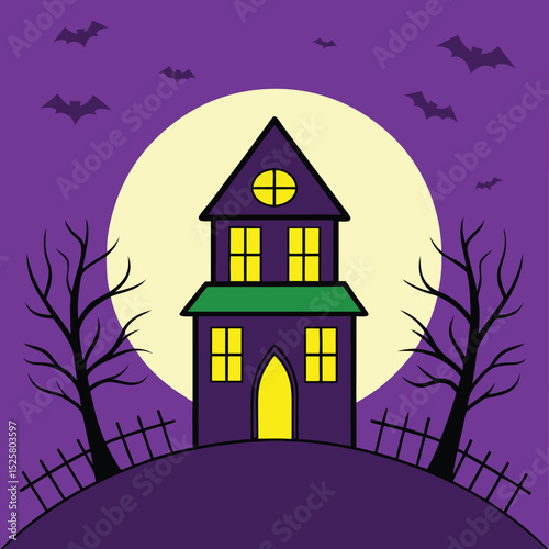 Spooky halloween illustration of a haunted house with bats and full moon in a purple sky