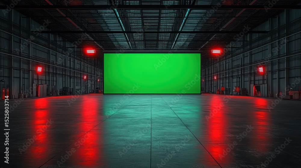 Fototapeta premium Large empty industrial warehouse with a glowing green screen at the far end and red lights reflecting on the polished concrete floor, creating a futuristic and dramatic atmosphere