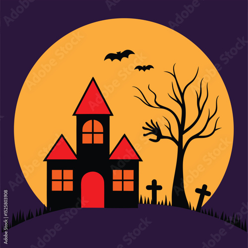 Spooky halloween night scene with haunted house full moon bats and tombstones illustration