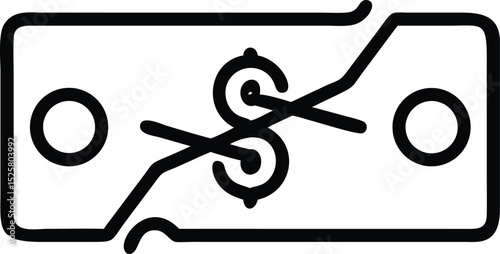 Black silhouette design of a dollar bill being trimmed by scissors for financial concepts.