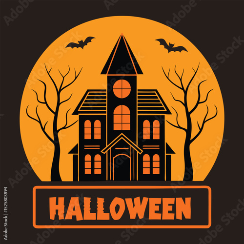 Spooky halloween night scene with haunted house bats and glowing orange full moon