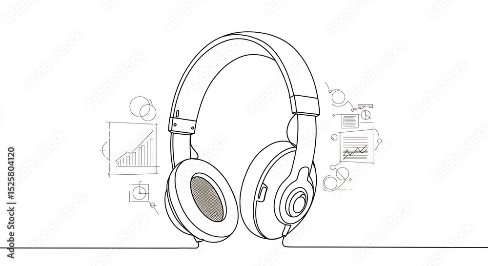 Fototapeta premium Headphones Line Art Illustration with Graph Visuals